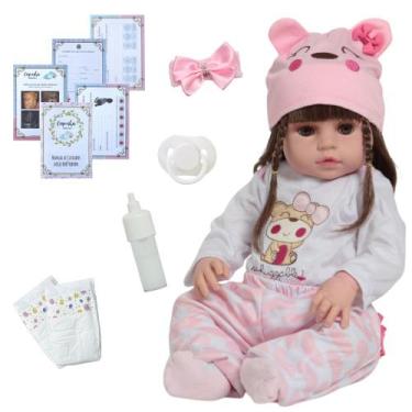 Imagem de Bebê Reborn Menina Cabelo Castanho Corpo de Vinil + Itens - Cegonha Re