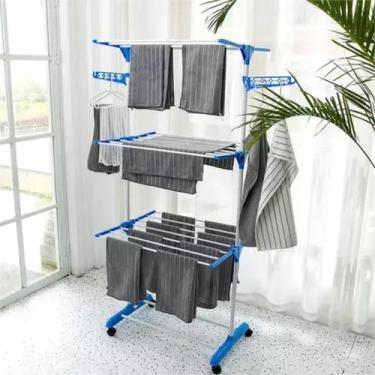 Imagem de Varal De Chão Grande De Roupas 3 Andares Dobrável Cor Azul Kontuz 175 