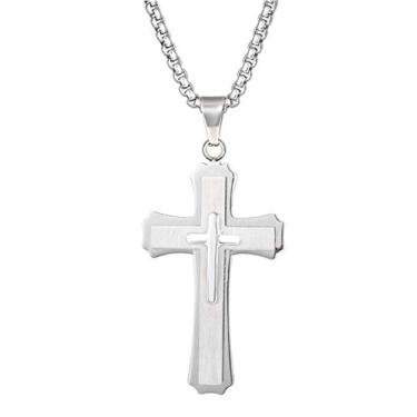 Imagem de Colar Hip Pop masculino feminino de aço inoxidável com pingente de cruz de três camadas prata ouro preto, corrente de 59,7 cm, Aço inoxidável