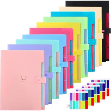 Imagem de Tivcck Pacote com 10 pastas expansíveis, organizador de documentos sanfonado tamanho carta A4, pasta de arquivos expansível com fecho de pressão, pasta sanfonada com 5 bolsos, 120 etiquetas para