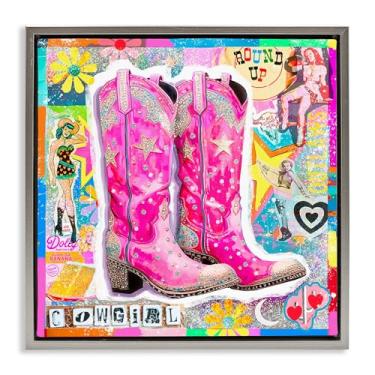 Imagem de Stupell Industries Groovy Vintage Cowgirl Collage Framed Floater Canvas Wall Art Design por Jess Stempel, Moldura Flutuante Cinza, 45,7 x 45,7 cm