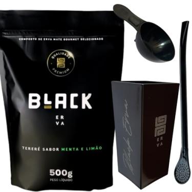 Imagem de Kit Para Tereré Black Erva Mate 500g + Copo Cuia Quadrado Acrílico + Bomba Clássica Preta (MENTA E LIMÃO)