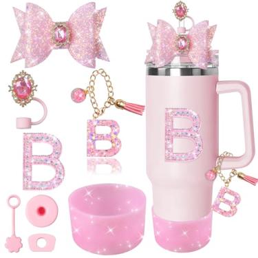 Imagem de XIANGYUAN Conjunto de 8 peças de acessórios rosa brilhante para copo Stanley Cup 850 g 1,134 g com alça, incluindo tampa de cobertura de palha de silicone, tampa à prova de derramamento, pingente de