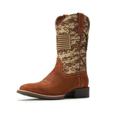 Imagem de SUREWAY Botas masculinas caubói de bico quadrado com bandeira, resistente a óleo/deslizamento, durável, moderna, clássica, sem cadarço, botas de 25 cm, Estampa camuflada de camurça Mocha, 42