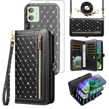 Imagem de Asuwish Capa de celular para Motorola Moto G54 5G com zíper carteira magnética destacável com protetor de tela de vidro temperado, alça transversal, suporte para cartão de crédito flip brilhante G 54