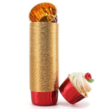 Imagem de TRUSBER Forros de cupcake de folha vermelha e dourada, 100 peças de forros de muffin descartáveis de 100 ml, embalagens para assar, caixas de papel de muffin metálico, copos de cozimento