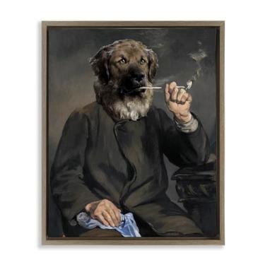 Imagem de Stupell Industries Desenho de arte de parede em tela emoldurada flutuante marrom cachorro histórico fumando por Alicia Longley, 17 x 21