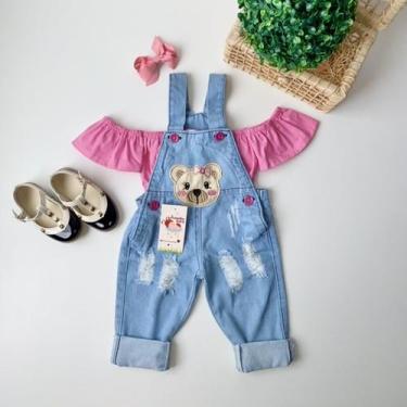 Imagem de Jardineira Jeans Ursinha + Ciganinha Rosa - Joaninha Baby, COM BLUSA, 