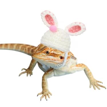 Imagem de Chapéu de coelho de dragão barbudo para a Páscoa - gorro de orelhas de coelho de animais pequenos tricotado à mão com alça ajustável fantasia de Halloween acessórios de roupas para rato, hamster,