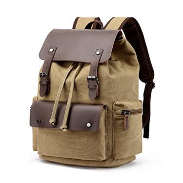 Imagem de Mochila de lona para homens Bolsa para laptop de grande capacidade Capa de couro Bolsas de viagem para homens Mochila(Khaki)