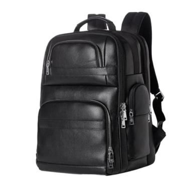 Imagem de Mochila de couro genuíno de qualidade masculina mochila preta para laptop mochila grande de viagem