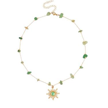 Imagem de MINCHI Boho Vintage Hippie Dourado Sunburst Verde Aventurina Pedra Gargantilha Colar – Um Símbolo de Sorte e Harmonia, Presente de Joias para Mulheres, Medium, Miçangas, Sem Pedra Preciosa