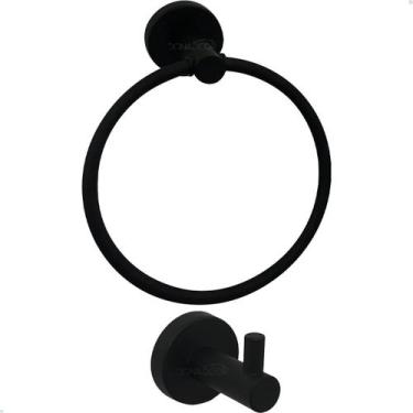 Imagem de Kit Porta Toalha Argola Preto Fosco Toalheiro Inox Redondo E Cabide Ga