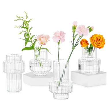 Imagem de Glasseam Vasos de vidro para centros de mesa: 4 peças de vaso pequeno transparente para centro de mesa de casamento de flores - Mini decorações modernas para decoração de sala de estar de casa vintage