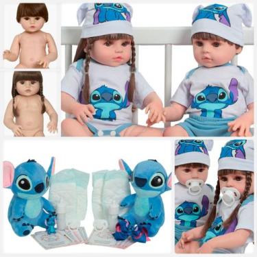 Imagem de Bebê Reborn Gêmeos Casal Cabelo Castanho Stitch Pelúcia - Cegonha Rebo