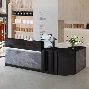 Imagem de Mesa de recepção de salão, mesa recepcionista com armazenamento, mesa de escritório de madeira projetada com acabamento fino para salões de beleza, textura cinza + preto, 140 cm