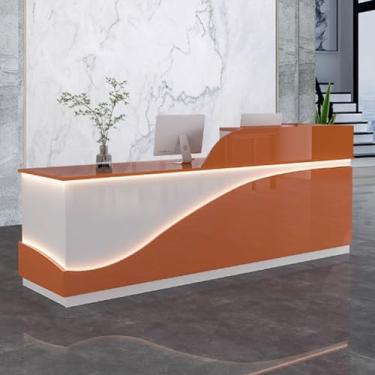 Imagem de Mesa de recepção moderna para escritório, balcão de recepção, recepção de recepção, mesa de balcão de escritório de madeira projetada com tiras de luz para salões de beleza, laranja + branco, 120 cm