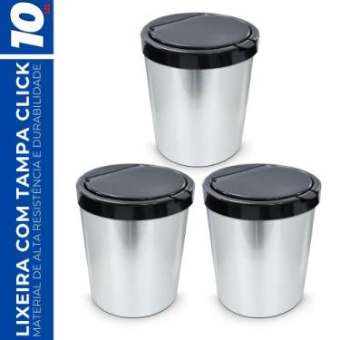 Imagem de Kit 3 Lixeira Cesto 10 Litros c/ Tampa Click Inox Escritório - Arqplas