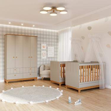 Imagem de Quarto Bebê Gêmeos com 2 Berços Mini Cama e Guarda Roupa 4 portas Liza Permobili - Fendi/Nature