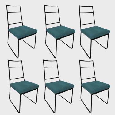 Imagem de Kit 06 Cadeiras Sala de Jantar Escritório Office Stark Industrial Ferro Preto Suede Azul Turquesa - Ahz Móveis