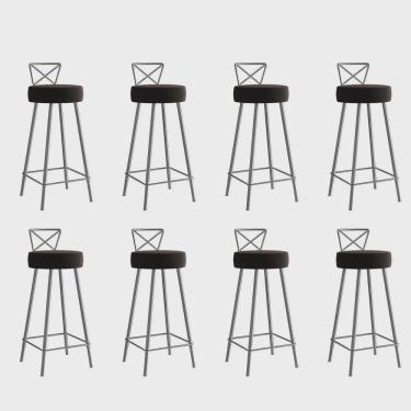 Imagem de Kit 08 Banqueta Alta Com Encosto Tânia Eiffel Cozinha Bar Bistrô Ferro Prata Corino Marrom - Ahz Móveis