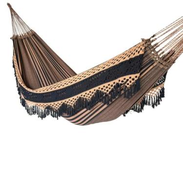 Imagem de Rede De Dormir Descanso Casal Jeans Luxo Varanda Artesanal Decorativa(BROWNIE LISTRADA CROCHE)