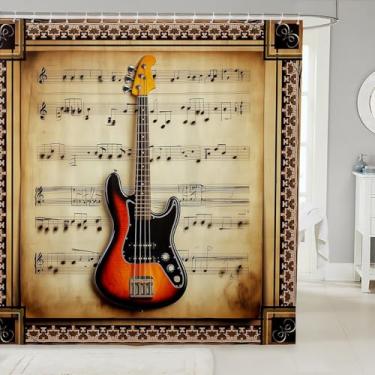 Imagem de Cortina de banho musical rústica, cortina de chuveiro com impressão de instrumentos de baixo de guitarra para crianças, meninos, cortina retrô boho étnica xadrez à prova d'água com ganchos para
