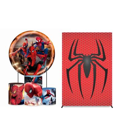 Imagem de Kit Painel de Festa Redondo 1,50m, Trio de Cilindros e Painel Lateral Homem Aranha - Fera Print