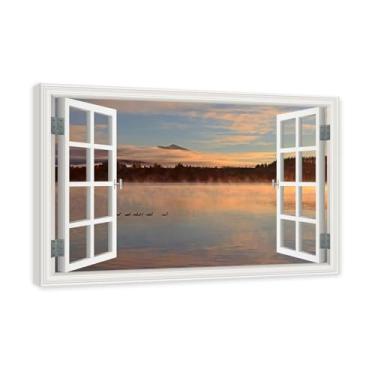 Imagem de PY3H69 Arte de parede em tela de janela aberta, impressão natural em tela. Lindo cenário de montanha 63,5 cm, decoração de parede de paisagem de janela, decoração de casa moderna. Moldura interna 40 x