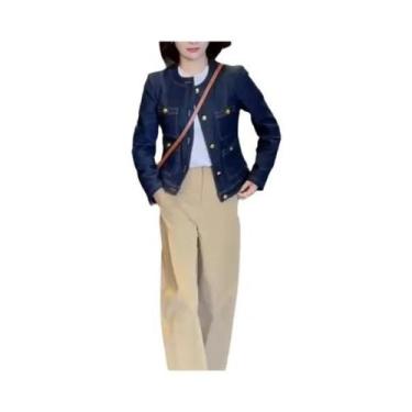 Imagem de Jaqueta Jeans Azul Feminina, Gola Redonda, Estilo Clássico, Retrô De A