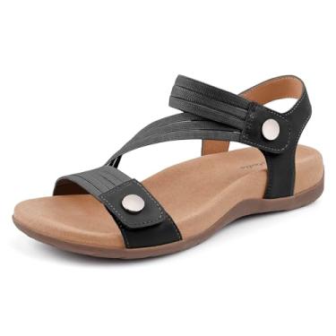 Imagem de BCSTUDIO Sandálias femininas ortopédicas confortáveis com suporte de arco para caminhada de verão sapatos rasos casuais, Preto, 35