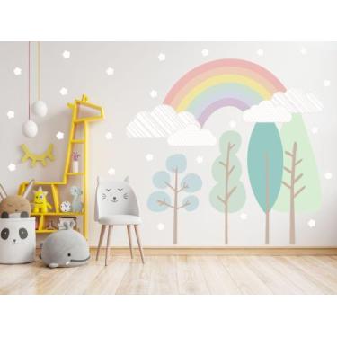 Imagem de adesivo de parede arvores arco-íris quarto de bebê pastel - Adesivos K