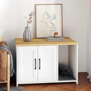 Imagem de Caixa de areia para gatos, móveis de caixa de areia oculta com 2 portas, banheiro de madeira para gatos interno, armário independente para sala de estar, corredor, branco