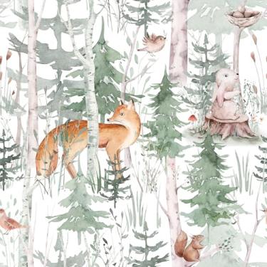 Imagem de VaryStyle Papel de parede de floresta de fadas pinheiro floresta animal descascar e colar papel de parede aquarela bonito raposa/coelho papel de parede para quarto de crianças berçário 45 x 299 cm