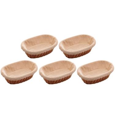 Imagem de 5 Cestas Porta Pão 24x17cm Oval Rattan Plástico Forro Tecido Cesto Lyor