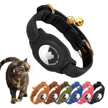 Imagem de Jowlroel Coleira AirTag para gatos com sino e forro de tecido – Coleira de couro para gatos – Coleira de couro não separável com suporte para AirTag – Coleiras GPS para gatos meninos e meninas (preto)