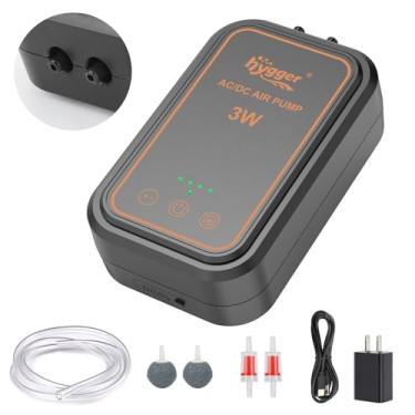 Imagem de hygger Bomba de ar de aquário, bomba de oxigênio portátil recarregável com saídas únicas/duplas, borbulhador de ar alimentado por bateria ultra silenciosa para aquário de peixes de até 170 litros com