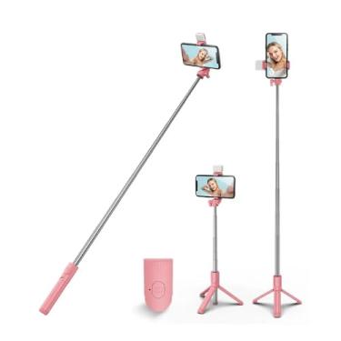 Imagem de PINHEN Tripé de bastão de selfie com suporte de tripé de rotação de 360° leve e extensível com controle remoto sem fio removível 3 em 1 portátil compatível com iPhone Android Sansung (rosa + luz)
