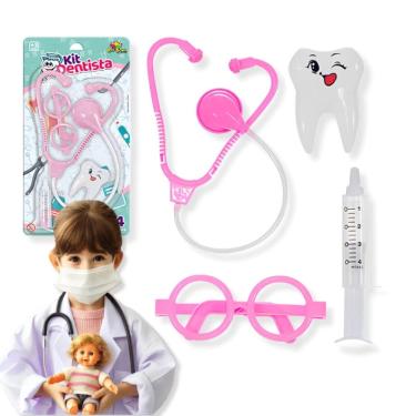 Imagem de Kit Dentista Girls Com 4 Peças Brinquedo Estetoscópio, óculos, dente e seringa Infantil Art Brink - PANAMI