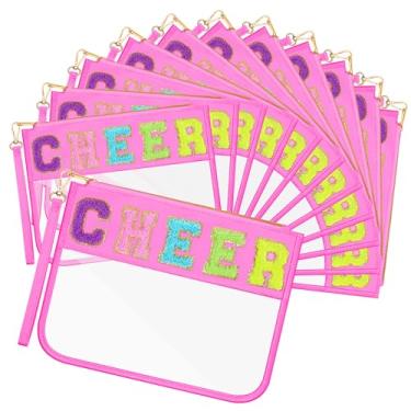 Imagem de Abbylike 12 unidades de sacos de lanche transparente com letras de chenille cheer bolso com zíper impermeável PVC grande bolsa organizadora de maquiagem de viagem para mãe, equipe, líder de torcida