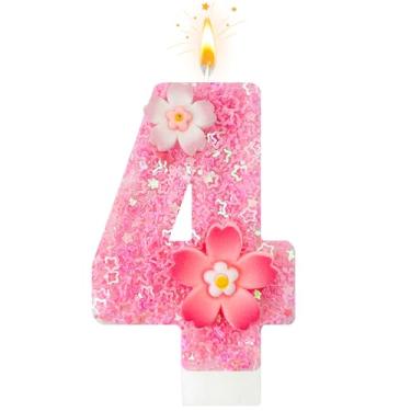 Imagem de Vela de aniversário de flor rosa, número de velas de aniversário para bolo, decoração de bolo para festas de aniversário, aniversário de casamento e outras celebrações (número 4, rosa)