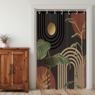 Imagem de Glawry Cortina de chuveiro marrom escuro meados do século estreita pequena tenda boho abstrato retrô tropical folhas de palmeira botânico banheiro moderno 122 cm L x 182 cm C acessórios de banho arte