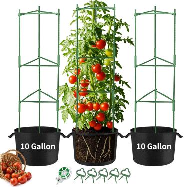 Imagem de Suprock Gaiolas Para Tomates Com Sacos De Cultivo 10 Galões Jardim, 3 Pacotes Treliças Aço Resistente Até 50" Altura, Clipes Suporte Estacas Plantas Ajustáveis, Jardim Vegetais Trepadeiras