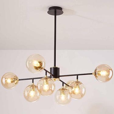 Imagem de Globos de vidro de meados do século Candelier Múltiplo de teto de vidro Iluminação de altura ajustável de metal preto para sala de estar, sala de jantar, quarto, cozinha, vidro âmbar, 8 cabe