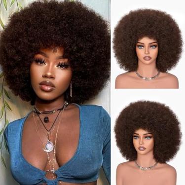 Imagem de CURLCRAZY Perucas Afro Para Mulheres Negras, Peruca Cacheada Crespa Dos Anos 70 Com Franja, Cabelo Sintético, Enorme E Fofo, Cosplay, Uso Diário Festa, 35 Cm
