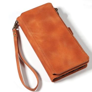 Imagem de LYJSMGZ Capa de couro para Samsung Galaxy S25 Edge, capa flip carteira com zíper com alça de pulso capa de proteção contra quedas fecho magnético capa macia, laranja, borda S25