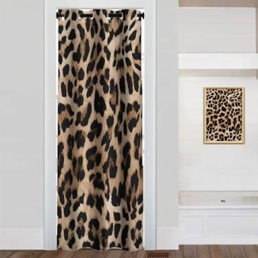 Imagem de Cortinas de porta com estampa de chita para portas, cortina marrom leopardo safári animal leopardo para armário de quarto de crianças, cortinas de porta de privacidade com isolamento térmico com ilhós