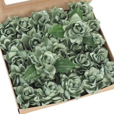 Imagem de Floroom Flores artificiais de gardênia de 6,9 cm, 25 peças, flores falsas de espuma verde elfo com hastes para buquês de casamento, decoração de mesa de festa para chá de panela, arranjos florais