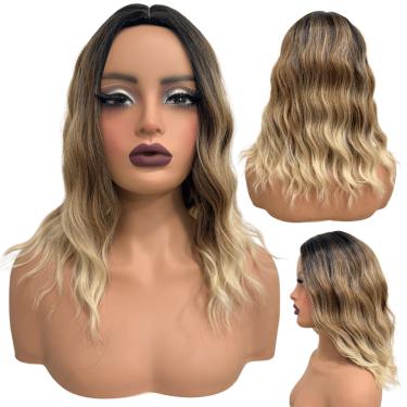 Imagem de Peruca ombre hair curta média castanho loira com mechas 35cm