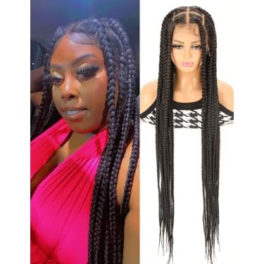 Imagem de AVELLABEE Peruca Trançada Estilo Boho De 36" Para Mulheres Negras - Tranças Box Lace Completas, Dreadlocks E Locs Falsos, Perucas Frontais, Cabelo Sintético Trançado (Tranças Grandes)